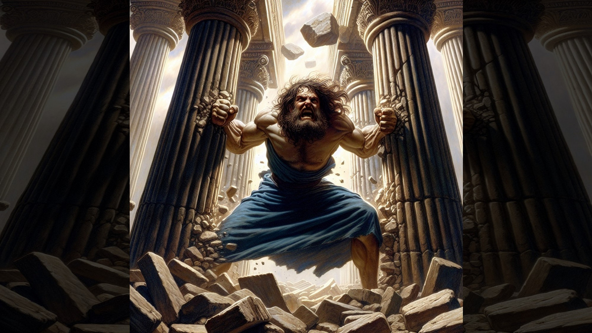 THE ERA OF THE JUDGES OF ISRAEL::THEN HE PUSHED WITH ALL HIS MIGHT, AND DOWN CAME THE TEMPLE © AI | Bible.art