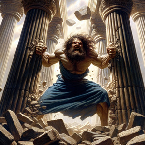 THE ERA OF THE JUDGES OF ISRAEL::THEN HE PUSHED WITH ALL HIS MIGHT, AND DOWN CAME THE TEMPLE © AI | Bible.art