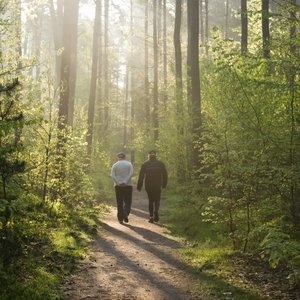 TWO PEOPLE AT MORNING WALK IN FOREST © wakila | iStockPhoto.com