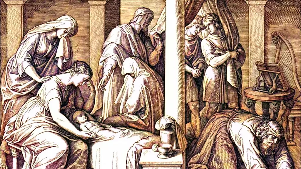 MAN'S OWN SIN::DAVID'S CHILD DIES - Schnorr von Carolsfeld (1870) | Emory.edu
