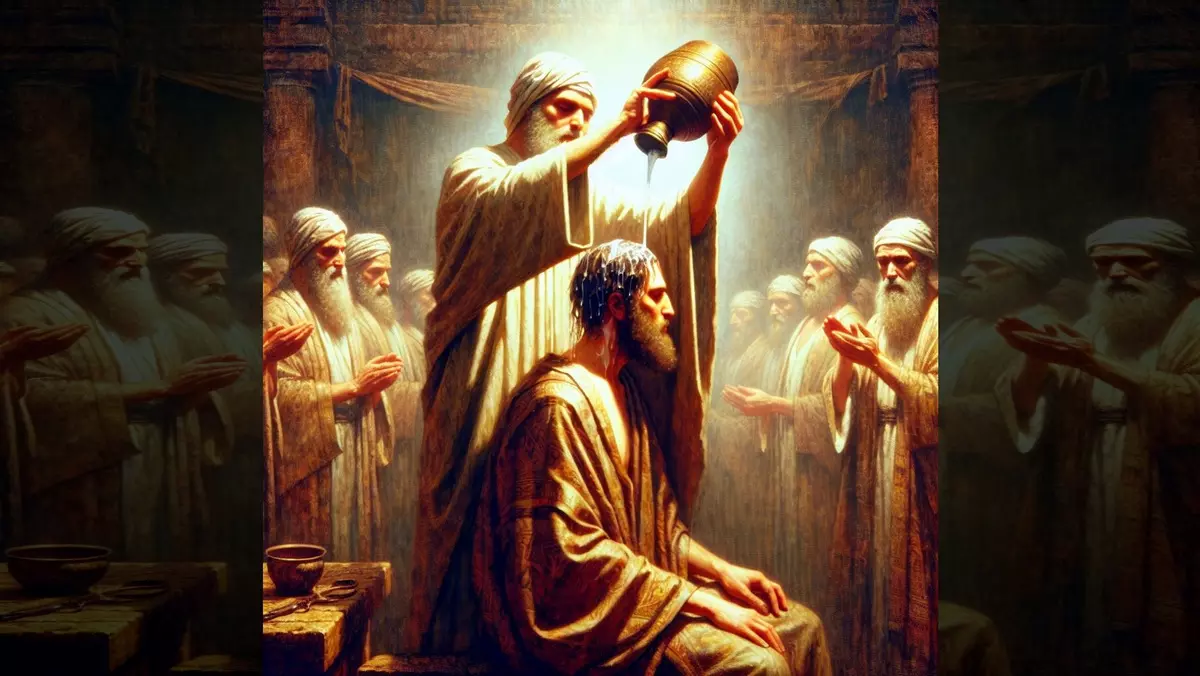 TZAV::AND HE POURED THE ANOINTING OIL UPON AARON'S HEAD © AI | Bible.art