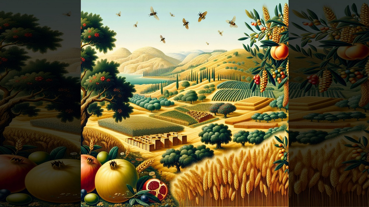 EKEV::A LAND OF WHEAT, AND BARLEY, AND VINES, AND FIG TREES, AND POMEGRANATES; A LAND OF OIL OLIVE, AND HONEY © AI | Bible.art
