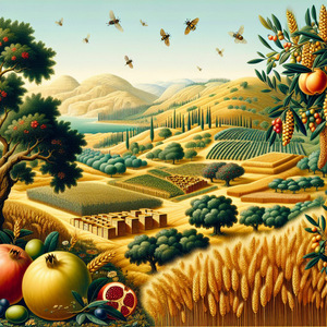 EKEV::A LAND OF WHEAT, AND BARLEY, AND VINES, AND FIG TREES, AND POMEGRANATES; A LAND OF OIL OLIVE, AND HONEY © AI | Bible.art EKEV::A LAND OF WHEAT, AND BARLEY, AND VINES, AND FIG TREES, AND POMEGRANATES; A LAND OF OIL OLIVE, AND HONEY © AI | Bible.art
