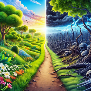 NITZAVIM::I HAVE SET BEFORE THEE THIS DAY LIFE AND GOOD, AND DEATH AND EVIL © AI | Bible.art NITZAVIM::I HAVE SET BEFORE THEE THIS DAY LIFE AND GOOD, AND DEATH AND EVIL © AI | Bible.art