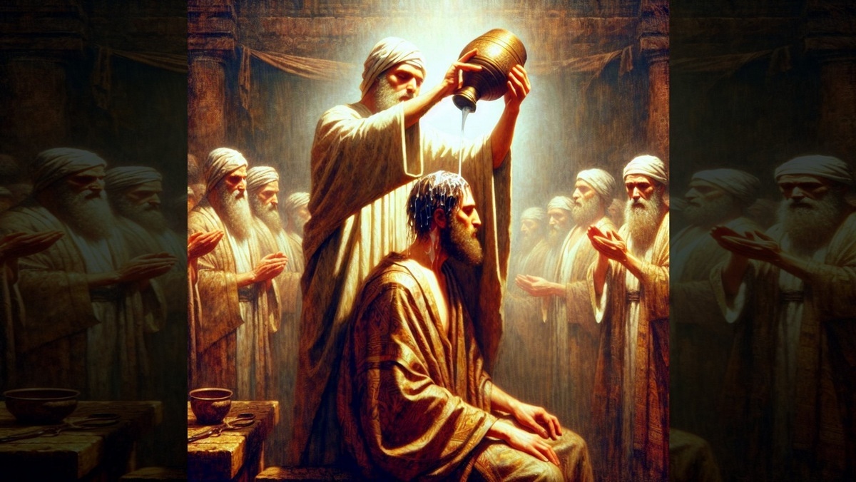 TZAV::AND HE POURED THE ANOINTING OIL UPON AARON'S HEAD © AI | Bible.art